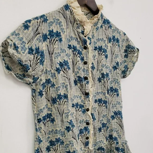 Free People Womens Boho Ruffle Tunic Top Size XS Blue Button Floral Short Sleeve - Picture 2 of 13